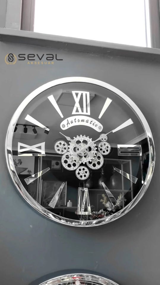 60 CM Premium Metal Gümüş Döner Çarklı Camlı Duvar Saati,Metal Çerçeveli Salon Ofis Duvar Saati 