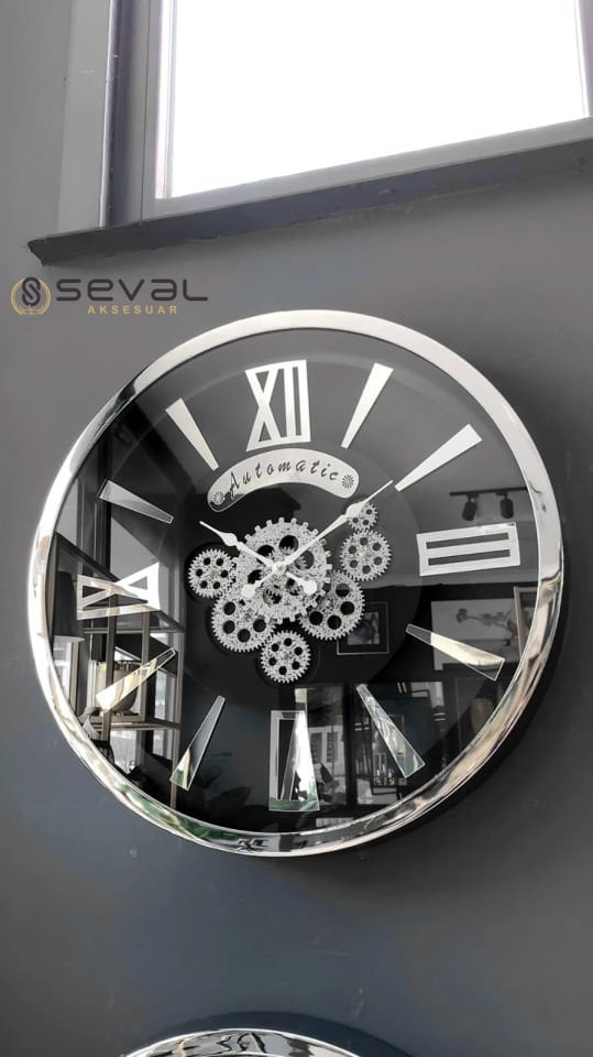 60 CM Premium Metal Gümüş Döner Çarklı Camlı Duvar Saati,Metal Çerçeveli Salon Ofis Duvar Saati 