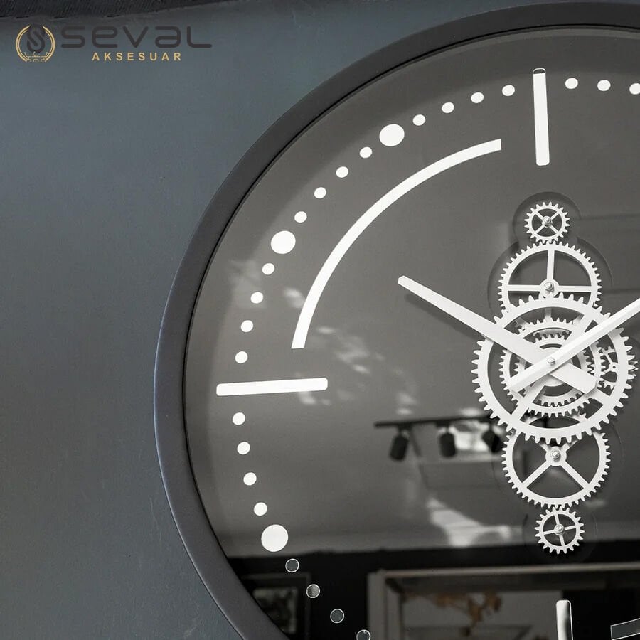 60 CM Premium Metal Siyah Gümüş Döner Çarklı Camlı Duvar Saati,Metal Çerçeveli Salon Ofis Duvar Saati 
