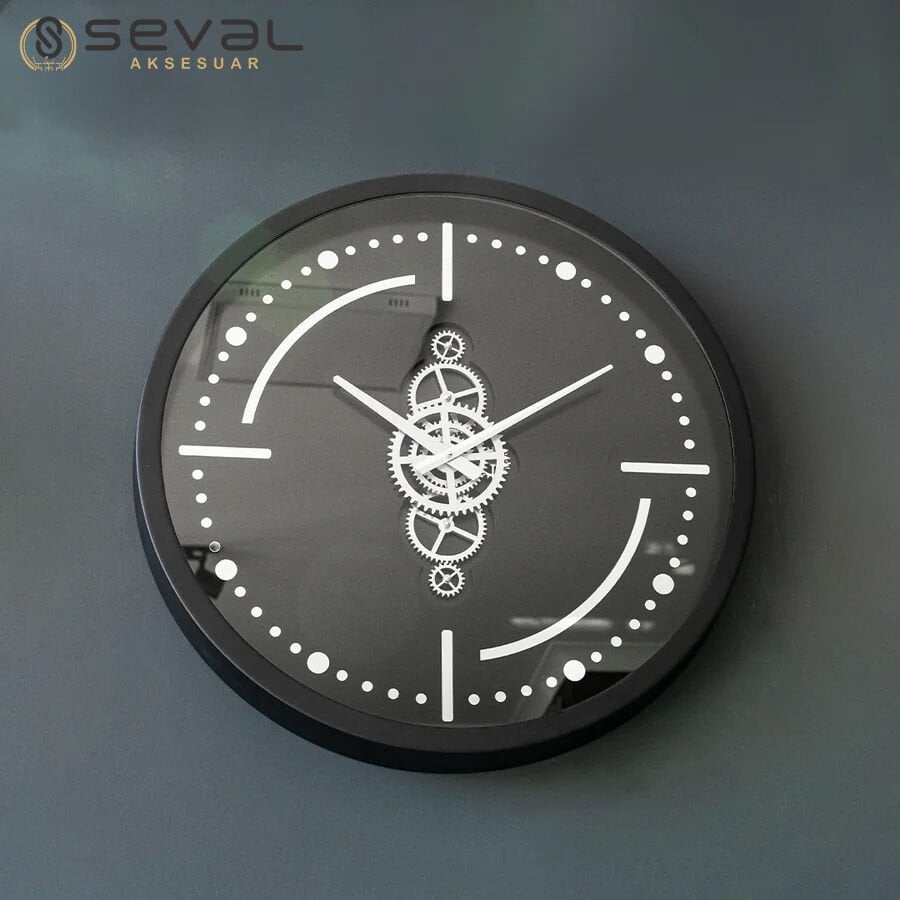 60 CM Premium Metal Siyah Gümüş Döner Çarklı Camlı Duvar Saati,Metal Çerçeveli Salon Ofis Duvar Saati 