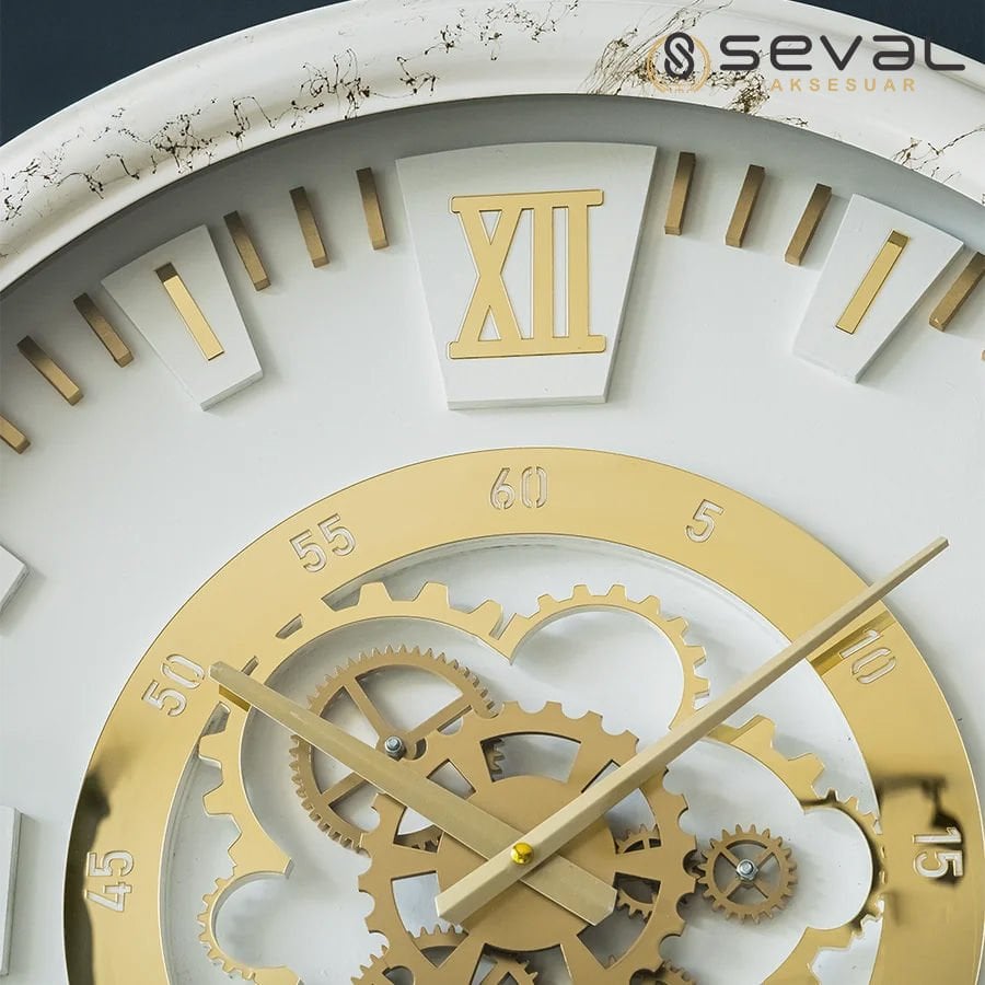 65 CM Metal Gold-Beyaz Özel Boyalı Çarklı Duvar Saati,Gold Çarklı Salon,Ofis Duvar Saati,Metal Camlı Duvar Saati 