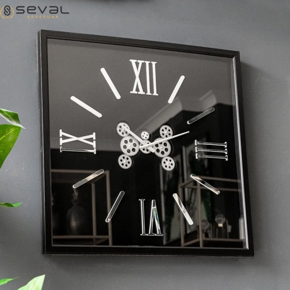 80 CM Siyah Kare Çerçeveli Çarklı Duvar Saati,Ofis Salon Kare Çerçeveli Çarklı Camlı Duvar 