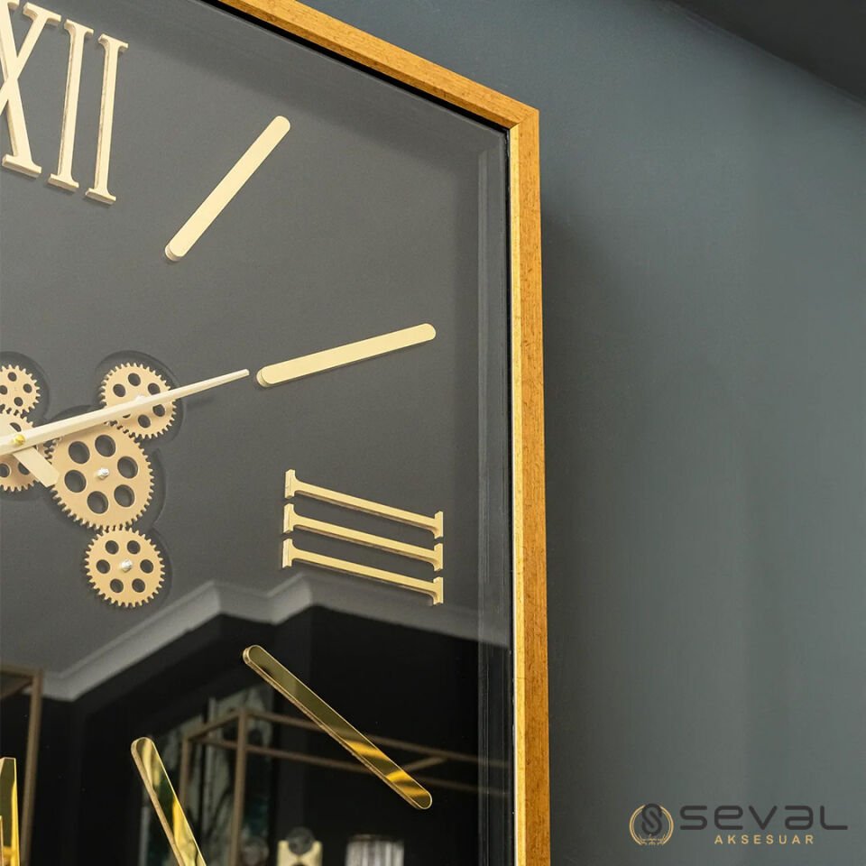 100 CM Gold Kare Dekoratif Çerçeveli Çarklı Duvar Saati 