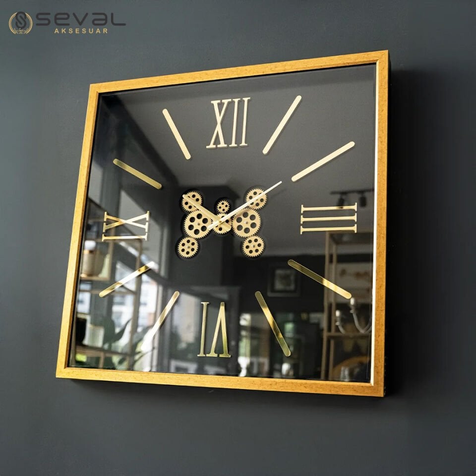 100 CM Gold Kare Dekoratif Çerçeveli Çarklı Duvar Saati 