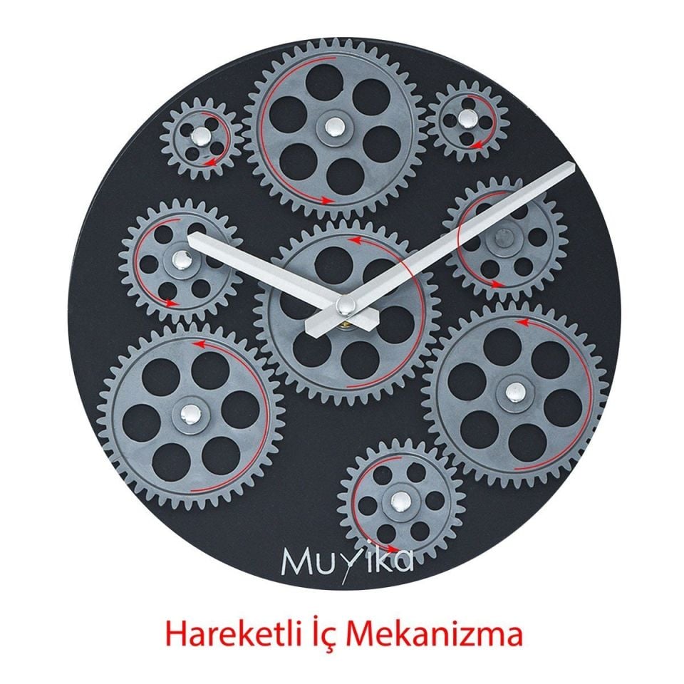 Perfetto Attivo Hareketli Çarklı 55x55cm Sessiz Mekanizmalı Siyah Duvar Saati 