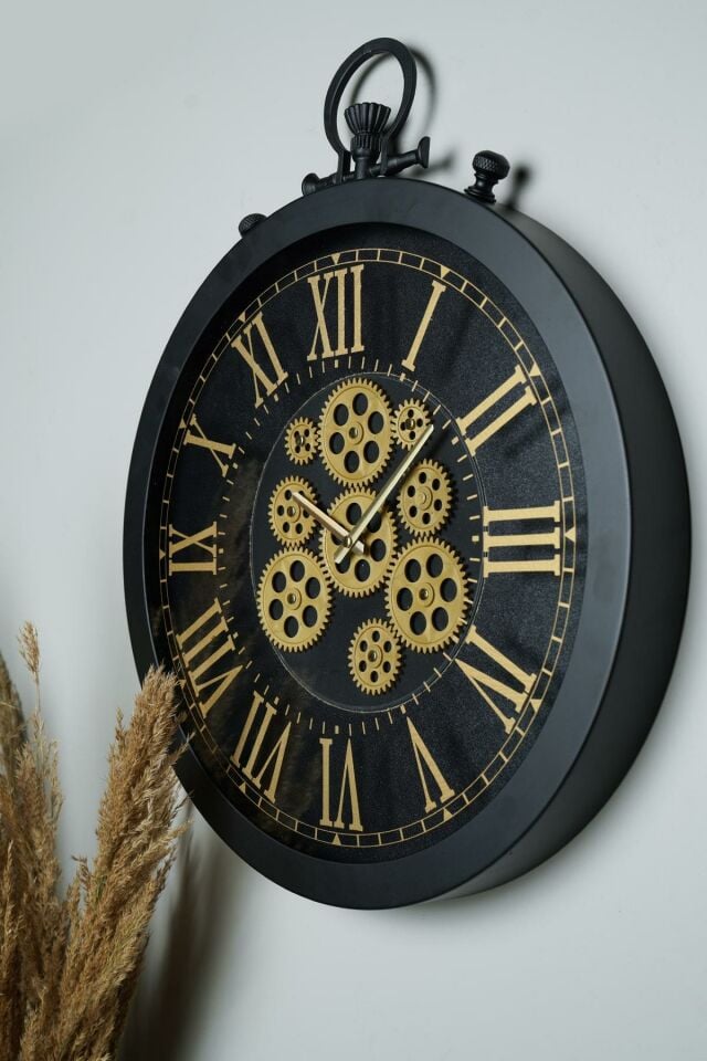 Perfetto Hareketli Çarklı Siyah Kasa 55x55cm Sessiz Mekanizmalı Vintage Duvar Saati 