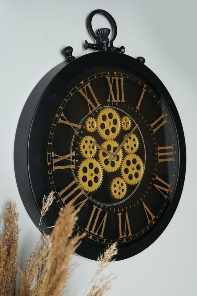 Perfetto Hareketli Çarklı Siyah Kasa 55x55cm Sessiz Mekanizmalı Vintage Duvar Saati 