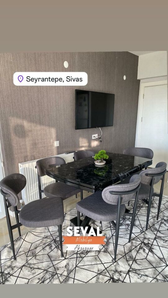 Siyah Mermer Kütük Açılır Masa + Roza Sandalye Takımı