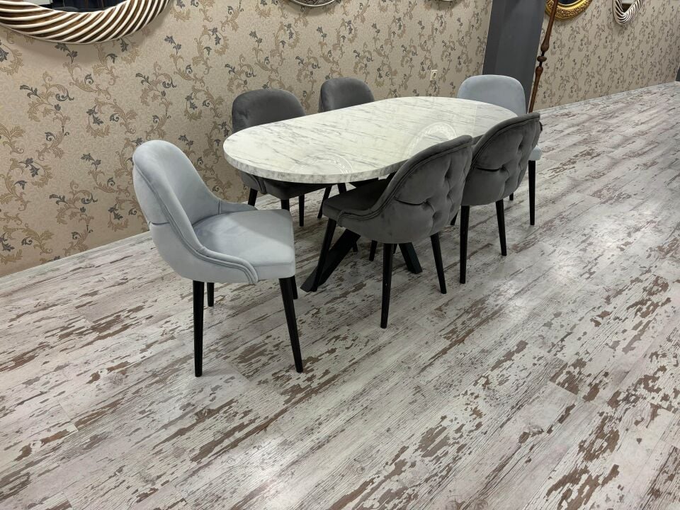 Marmo Oval Örümcek Masa + Dış Premium Sandalye Takımı