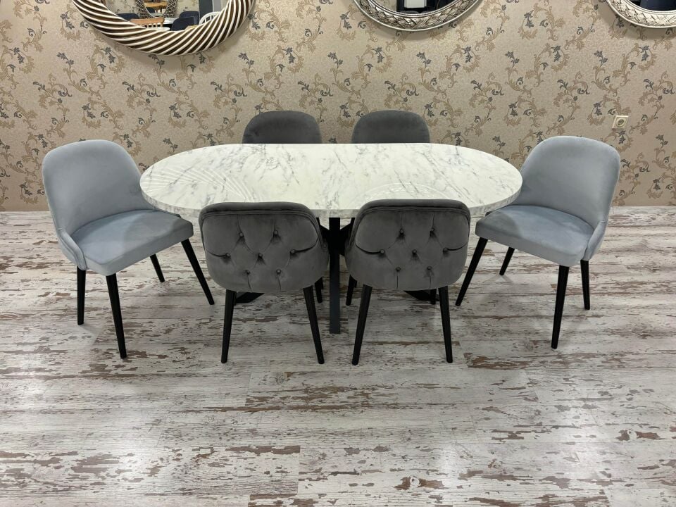 Marmo Oval Örümcek Masa + Dış Premium Sandalye Takımı