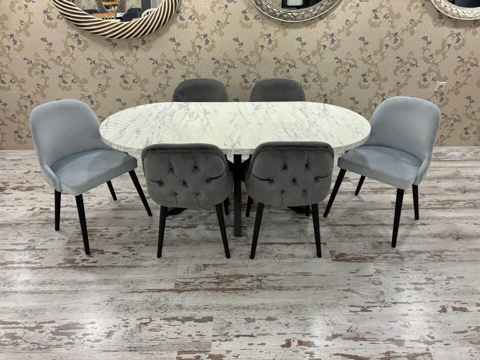 Marmo Oval Örümcek Masa + Dış Premium Sandalye Takımı