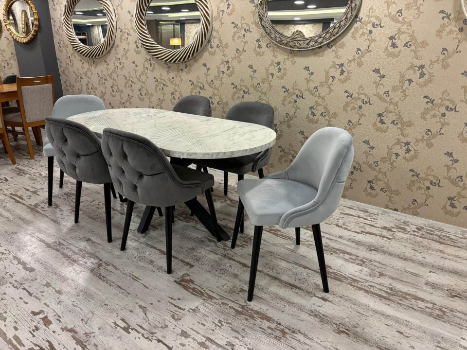 Marmo Oval Örümcek Masa + Dış Premium Sandalye Takımı