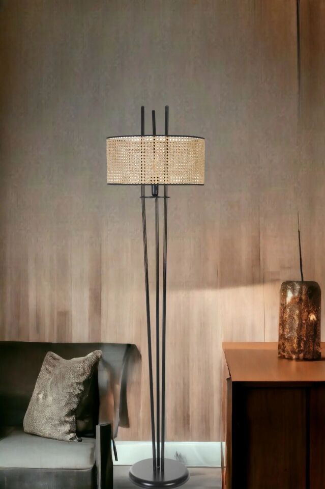 Belen Siyah Silindir Rattan Abajurlu Lambader 