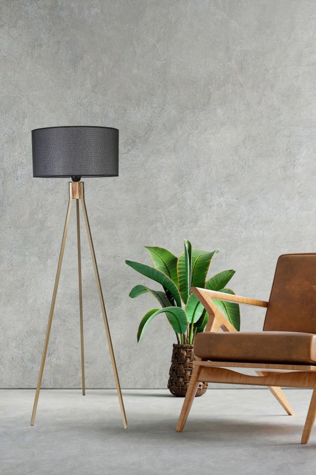 Fisco Tripod Eskitme Silindir Hasır Siyah Abajurlu Lambader 