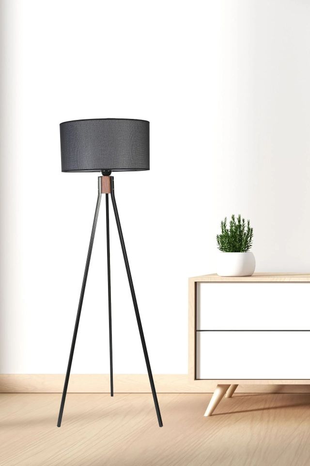 Fisco Tripod Siyah Silindir Hasır Siyah Abajurlu Lambader 