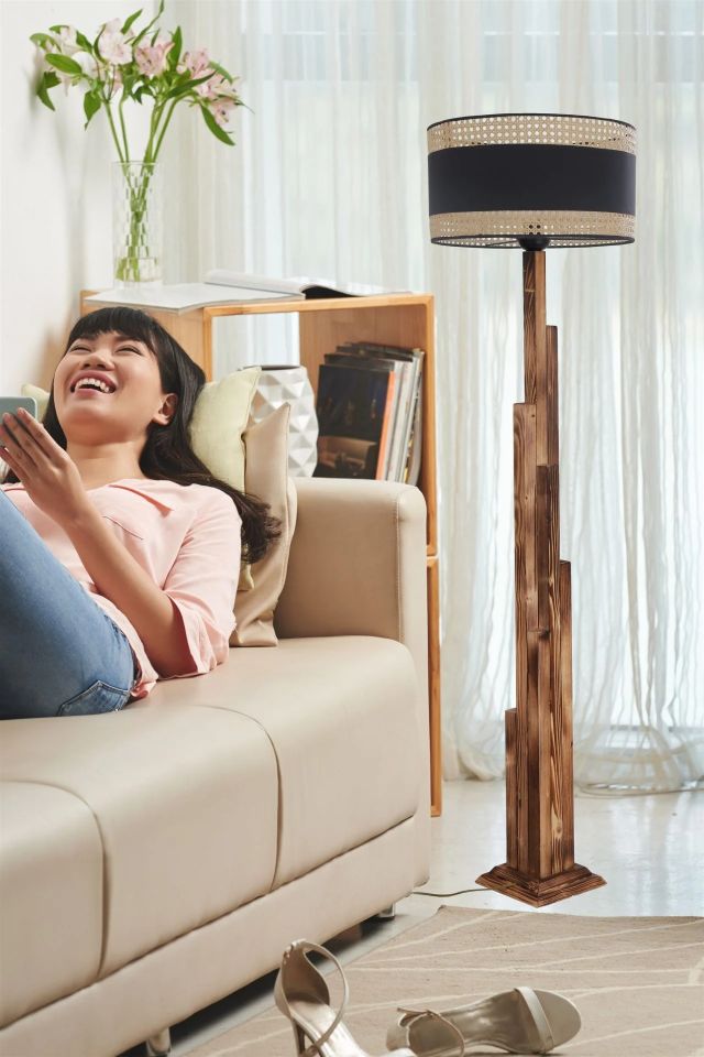 Kule Yanık Ahşap Silindir 03 Rattan Abajurlu Lambader 
