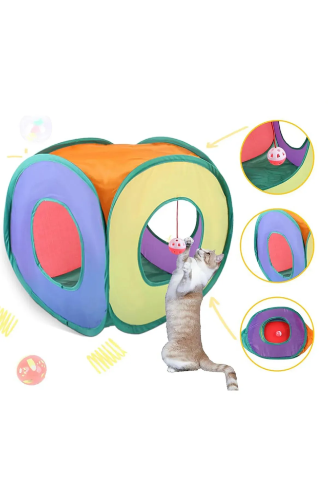 Kare Model Kedi Oyun Tüneli Içerisinde Toplu Gökkuşağı Renkli 40cm X 40cm