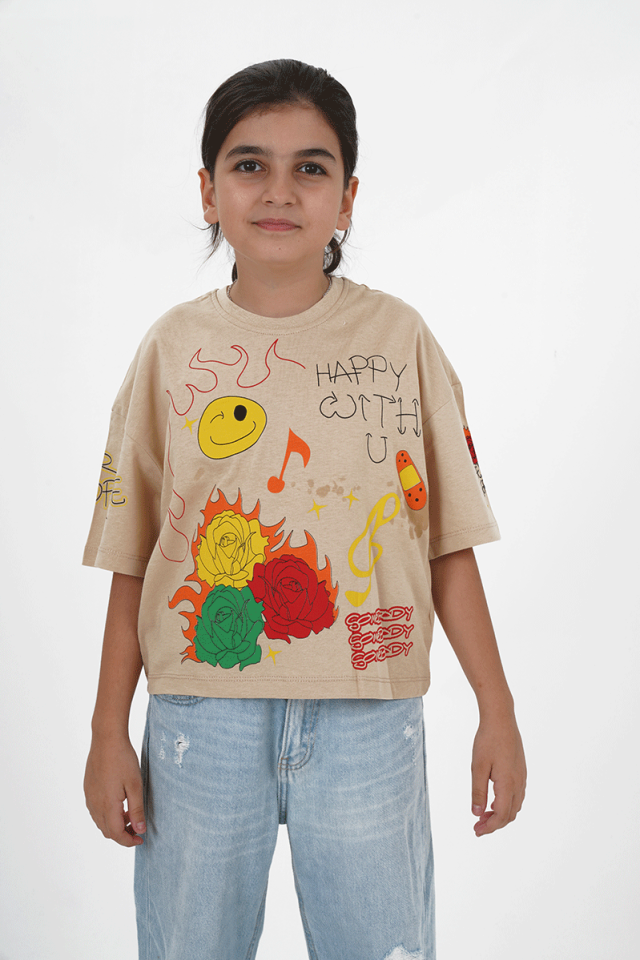 Kız Çocuk Bej Süprem Kumaş Bisiklet Yaka Baskılı Tshirt