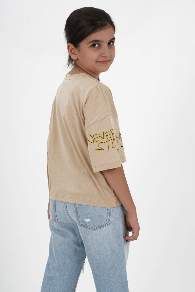 Kız Çocuk Bej Süprem Kumaş Bisiklet Yaka Baskılı Tshirt