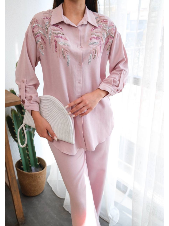Parlak Yıldız Desen Gömlek ve Pantolon Takım Pembe