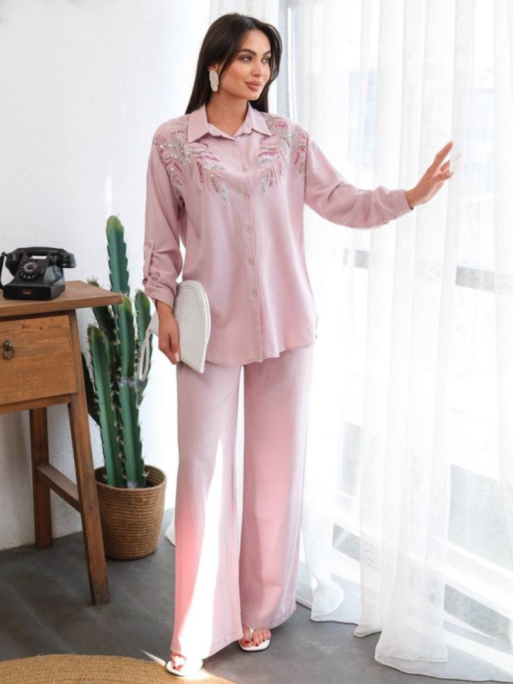 Parlak Yıldız Desen Gömlek ve Pantolon Takım Pembe