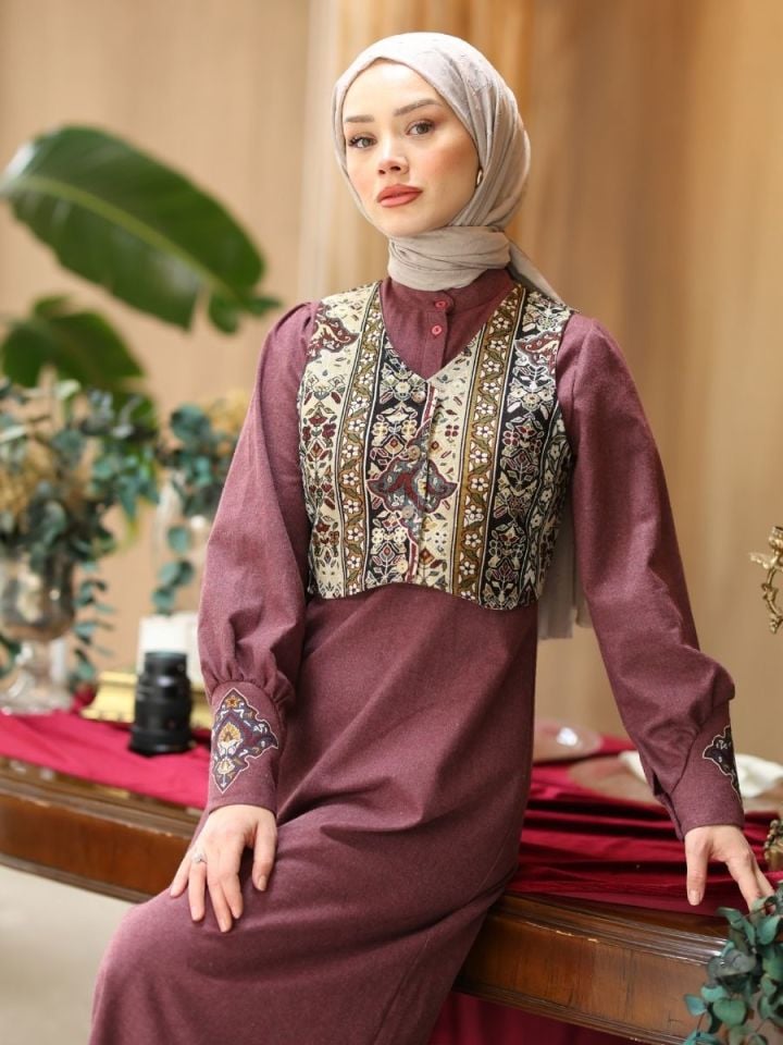 Goblen Yelekli Elbise Takım Bordo