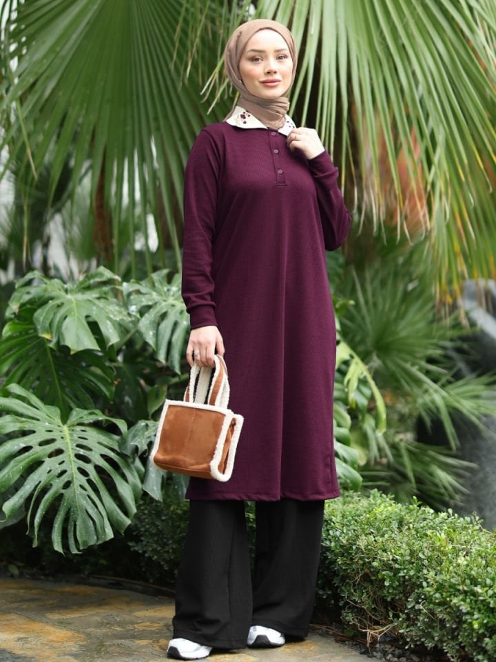 Polo Yaka Kaşkorse Tunik Mürdüm