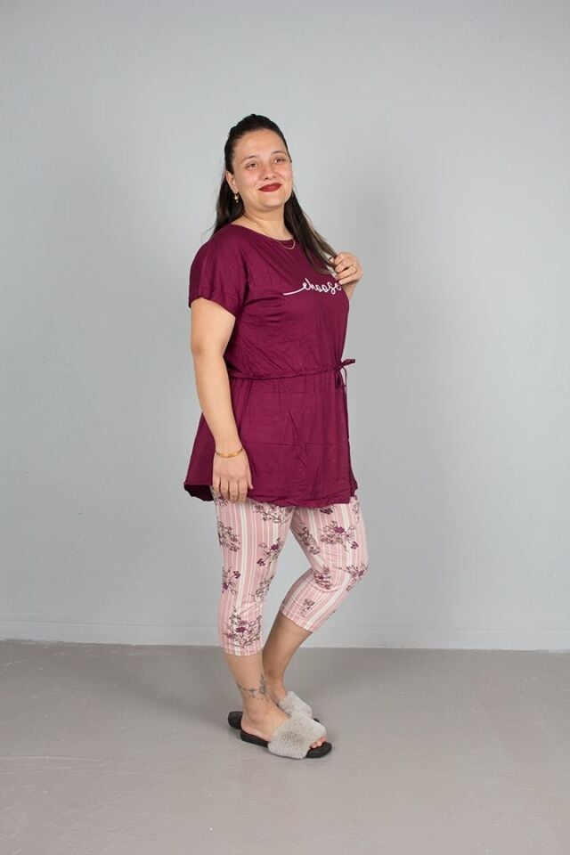 Büyük beden Kapri üst Belden Büzgülü Pijama Takım