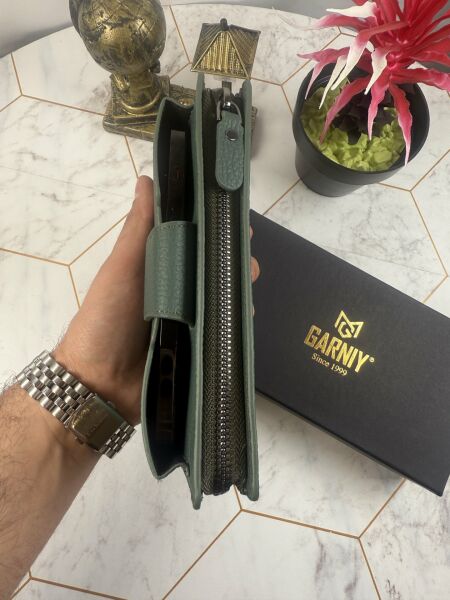 Garniy Telefon Bölmeli Tutamaçlı Büyük Bölmeli Haki Yeşil Cüzdan