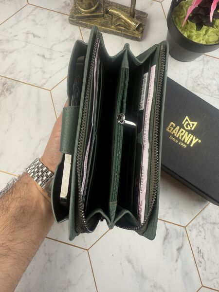 Garniy Telefon Bölmeli Tutamaçlı Büyük Bölmeli Haki Yeşil Cüzdan