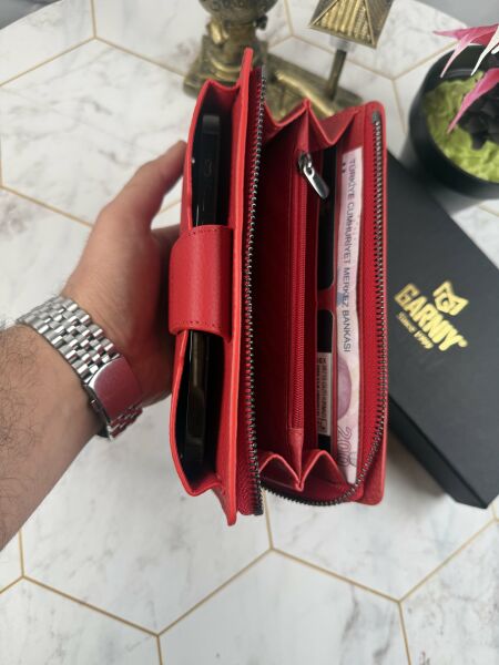 Garniy Telefon Bölmeli Tutamaçlı Büyük Bölmeli Kırmızı Cüzdan
