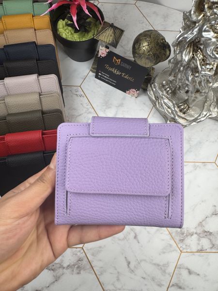 Bozuk Para Bölmeli Çıtçıtlı Şık Hakiki Deri Lila Kadın Cüzdan 38718