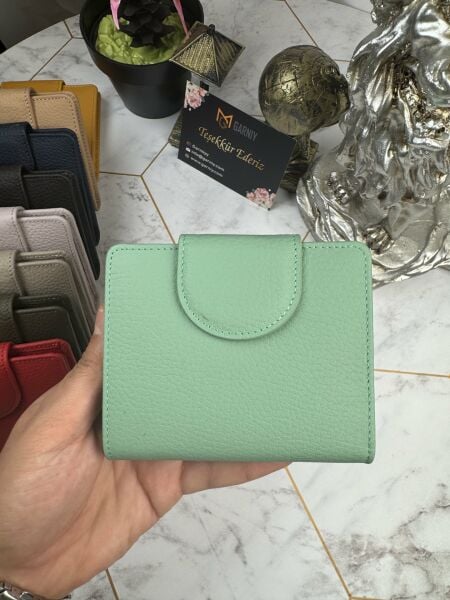 Bozuk Para Bölmeli Çıtçıtlı Şık Hakiki Deri Su Yeşili Kadın Cüzdan 38718