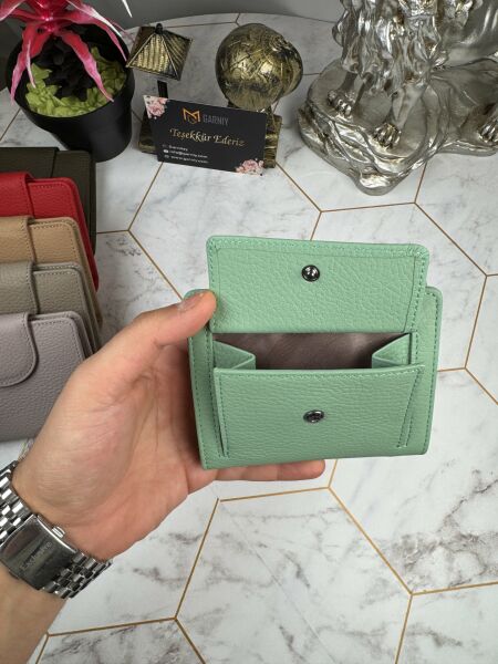 Bozuk Para Bölmeli Çıtçıtlı Şık Hakiki Deri Su Yeşili Kadın Cüzdan 38718