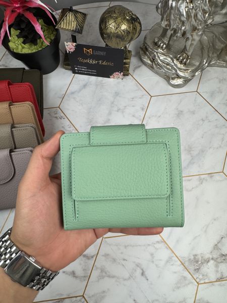 Bozuk Para Bölmeli Çıtçıtlı Şık Hakiki Deri Su Yeşili Kadın Cüzdan 38718