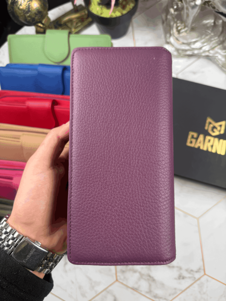Hakiki Deri Kadın Kartlıklı Kağıt & Bozuk Para Bölmeli Çok Gözlü Şık Kartlık Mor Cüzdan 38724