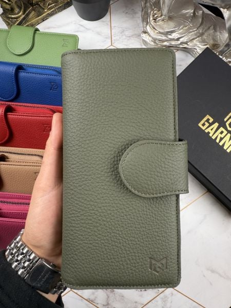 Hakiki Deri Kadın Kartlıklı Kağıt & Bozuk Para Bölmeli Çok Gözlü Şık Haki Yeşili Kartlık Cüzdan 38724