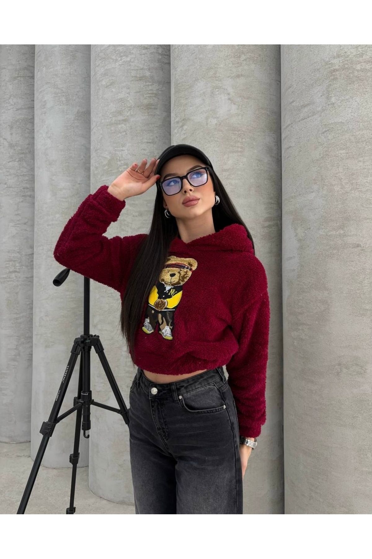 Kapüşonlu Peluş Ayı Nakışlı Crop Sweatshirt BORDO - M