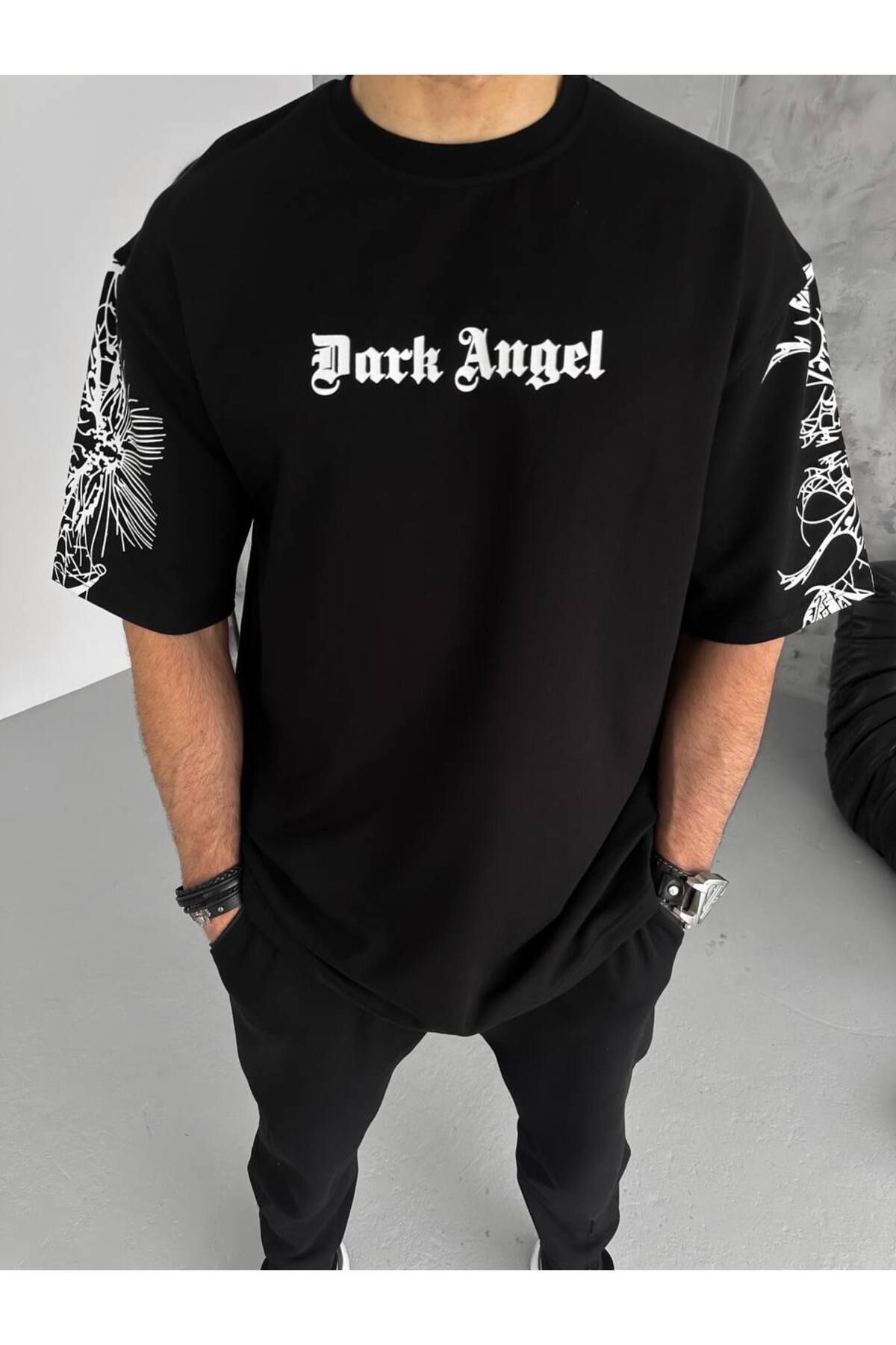 Dark Angel Baskılı Oversize Tshirt SİYAH - M