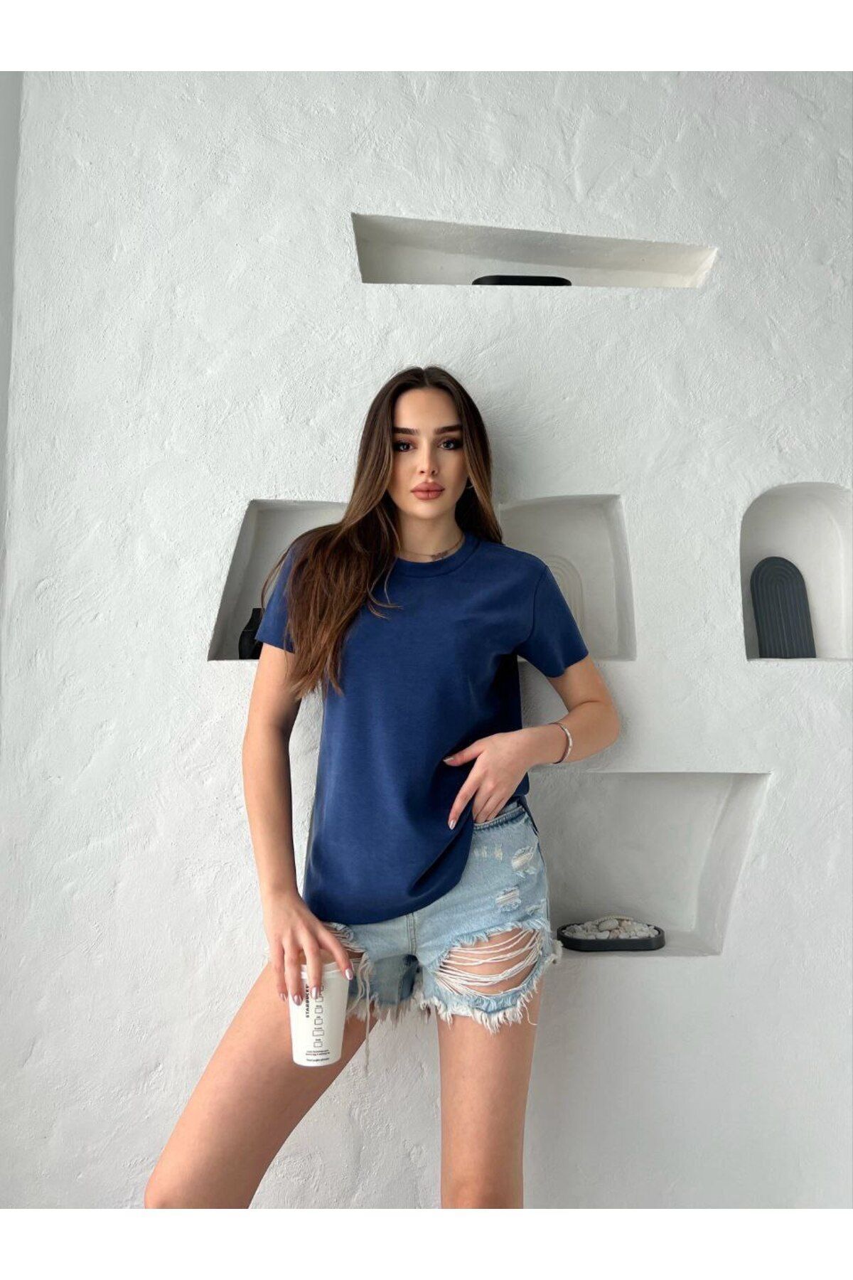 Modal Kumaş Oversize Kadın Tshirt LACİVERT - S