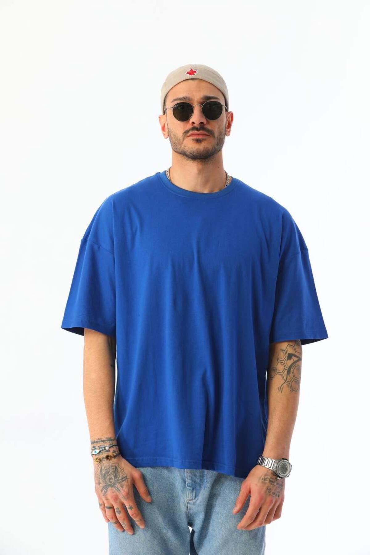 Pamuklu Unisex Oversize Basic T-shirt MAVİ - M