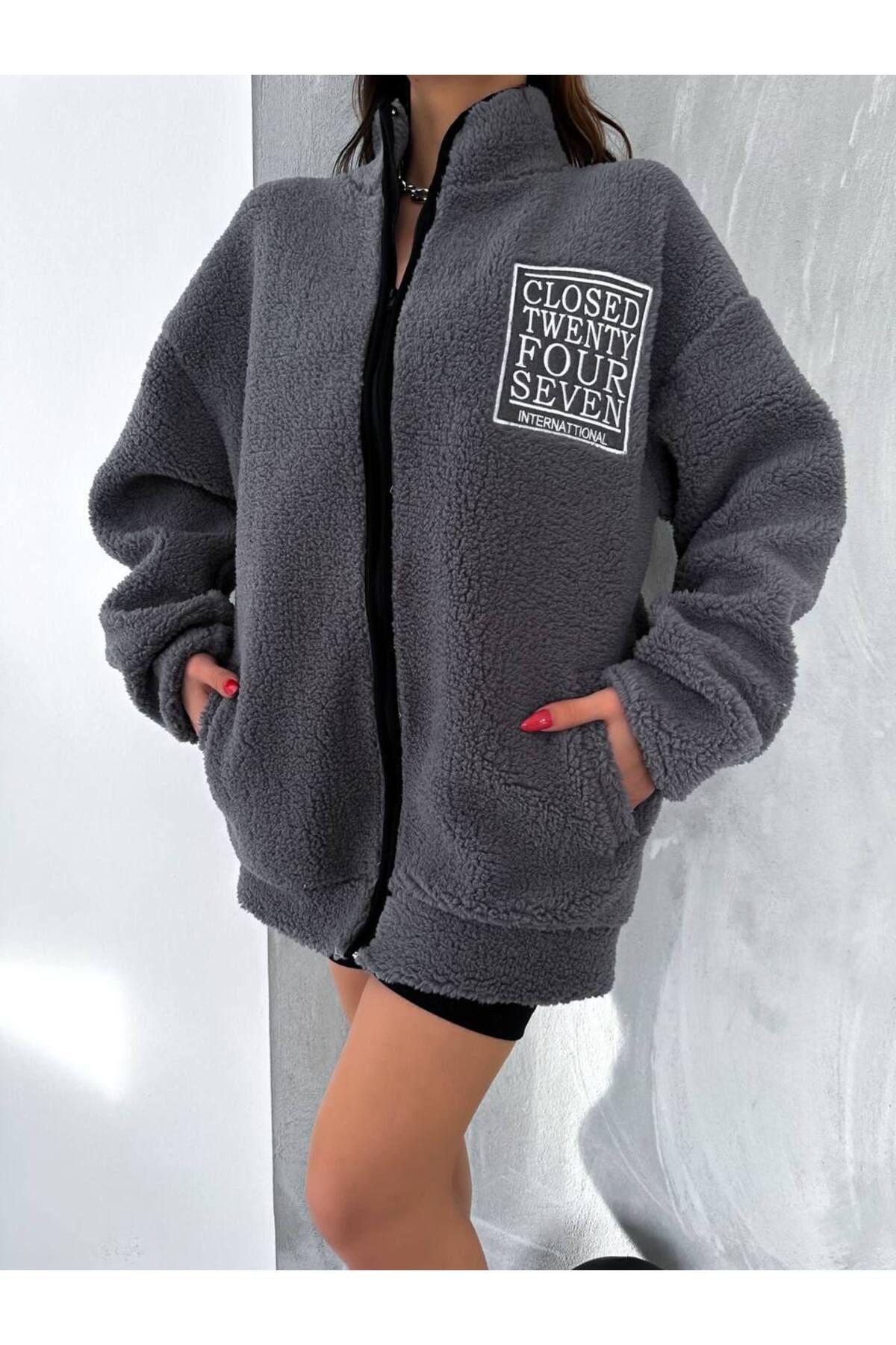 Unisex Oversize Peluş Mont FÜME - S