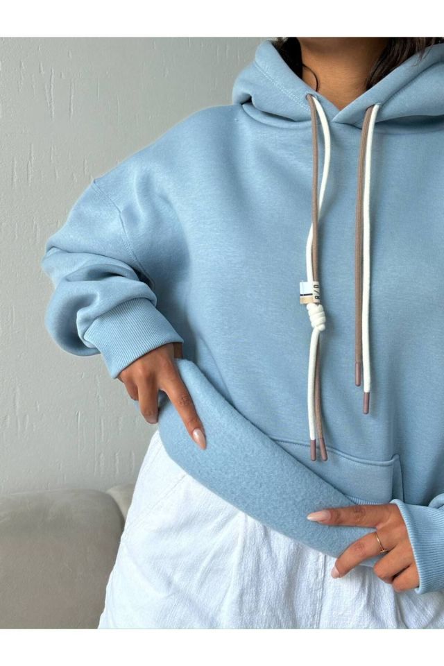 Bağcık Detay Oversize Kadın Sweatshirt AÇIK MAVİ - L