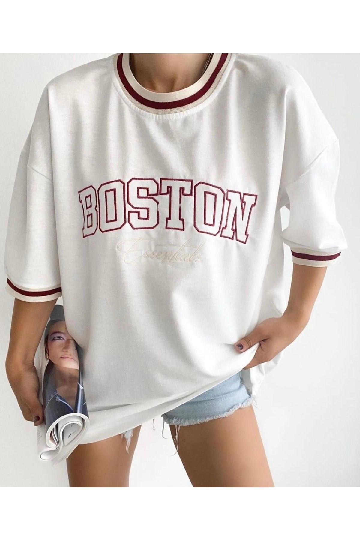 Boston Oversize Unisex Tshirt BEYAZ - S