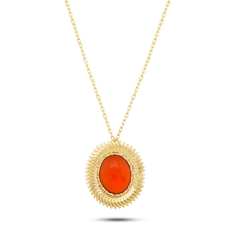 Altın Kırmızı Opal Taşlı Kolye