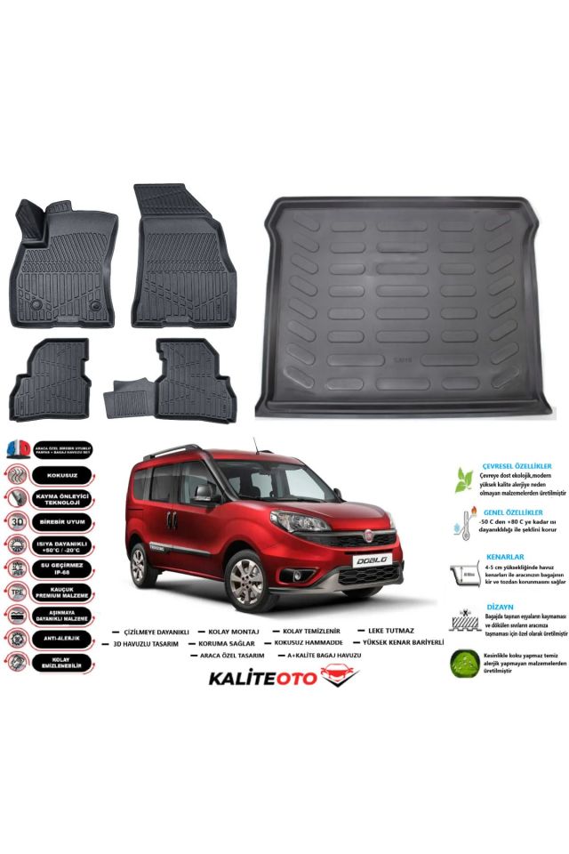 Fiat Doblo 2017 Model Esnek Bagaj Havuzu Araca Özel Siyah Paspas Takımı