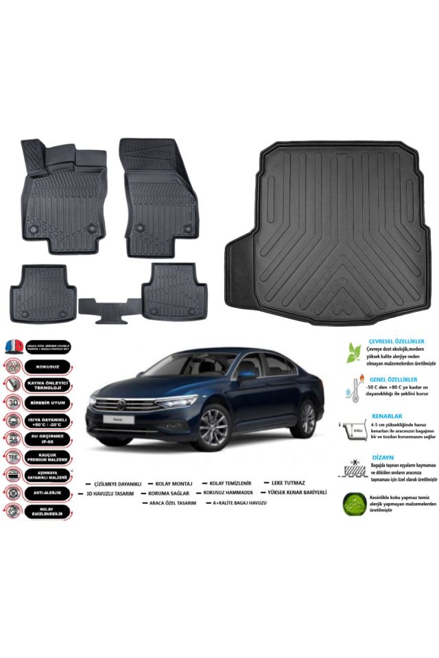 Volkswagen Passat B8 İmpression 2020 Model Esnek Bagaj Havuzu Araca Özel Siyah Paspas Takımı