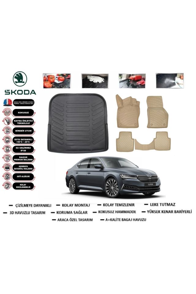 Skoda Super B 2016 Model Bagaj Havuzu+Araca Özel Bej Paspas Takımı Flex