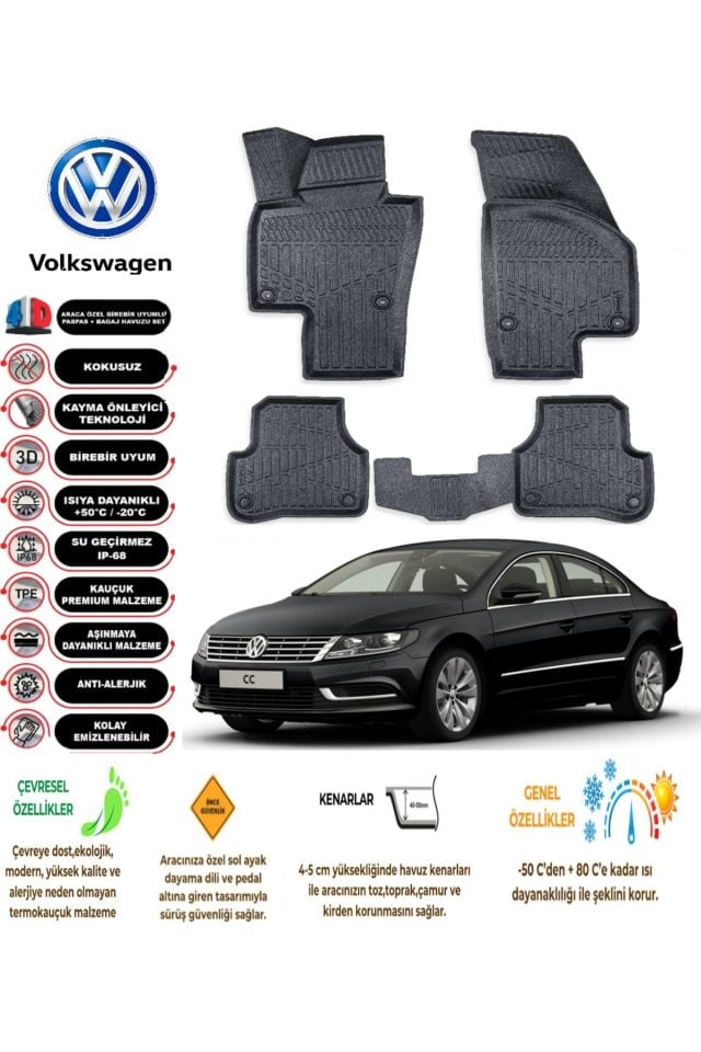 Volkswagen CC 2009 Model 4D Araca Özel Havuzlu Kokusuz Paspas Takımı