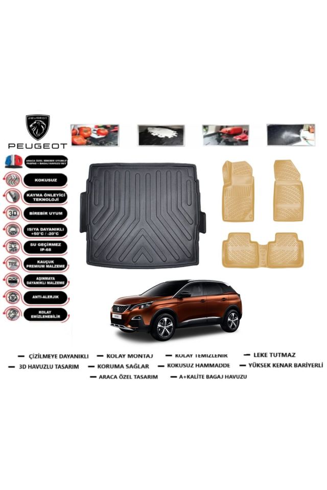Peugeot 3008 2021 Model Üst Bagaj Havuzu(paspası)+Araca Özel Bej Paspas Takımı Flex